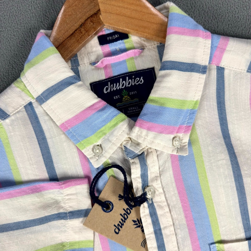 Chubbies Shirt Mens Small Blue Pink Soft Serve Resort Weave Friday Chambray New